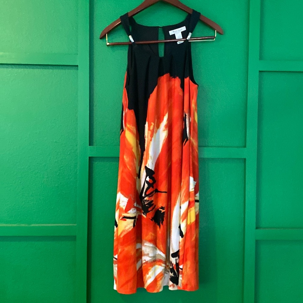 White House Black Market WHBM Orange Halter Silver Shift Dress Size S